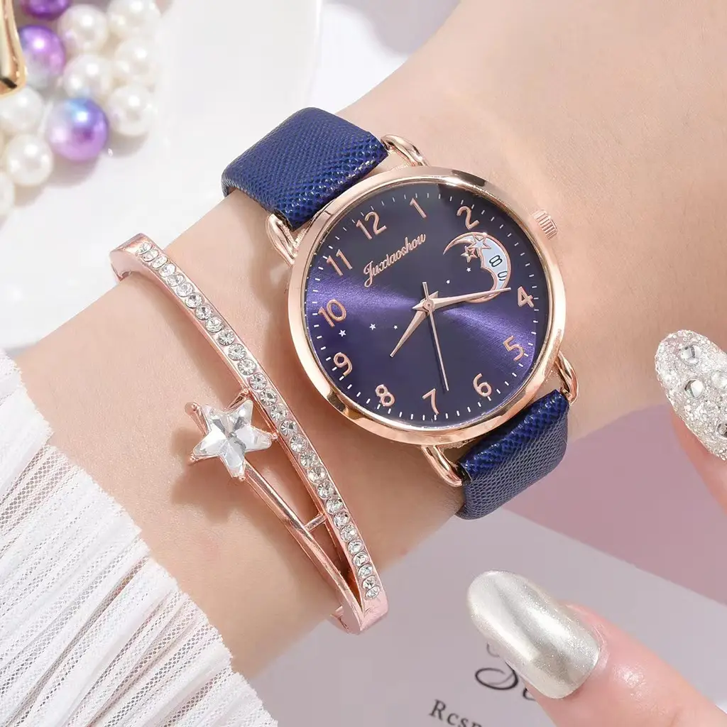 Women's Rose Gold Bracelet Watch Set with Moon Pattern & Digital Dial - Image 11