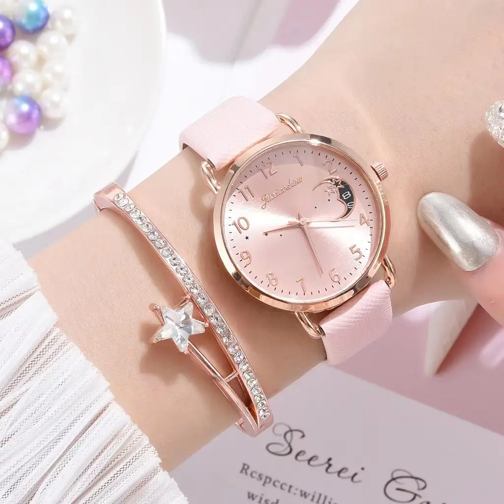 Women's Rose Gold Bracelet Watch Set with Moon Pattern & Digital Dial - Image 13