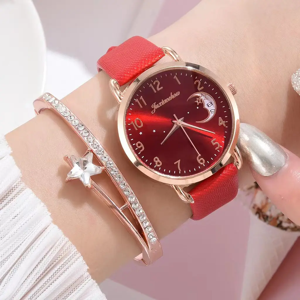 Women's Rose Gold Bracelet Watch Set with Moon Pattern & Digital Dial - Image 14