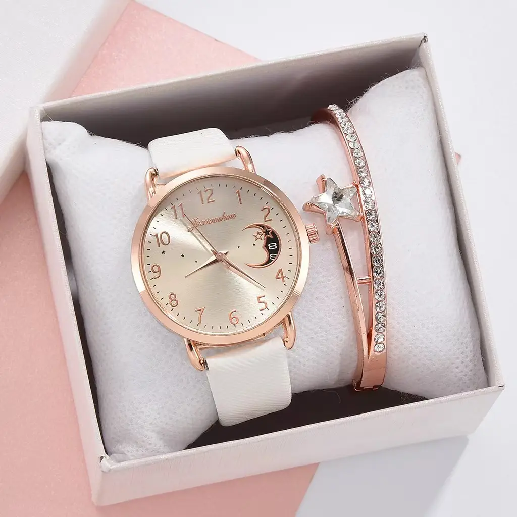 Women's Rose Gold Bracelet Watch Set with Moon Pattern & Digital Dial - Image 17