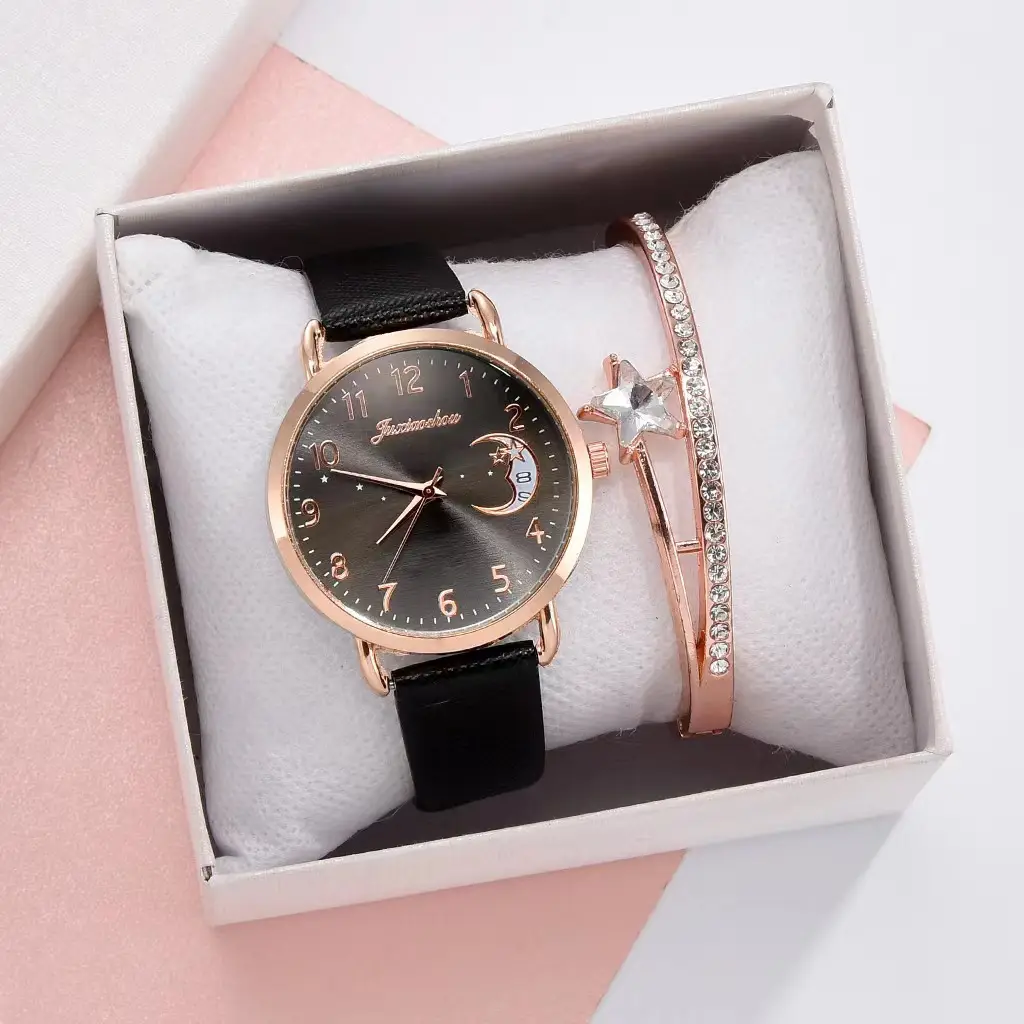Women's Rose Gold Bracelet Watch Set with Moon Pattern & Digital Dial - Image 20