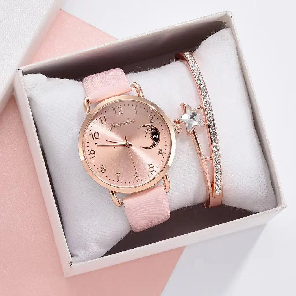 Women's Rose Gold Bracelet Watch Set with Moon Pattern & Digital Dial - Image 21