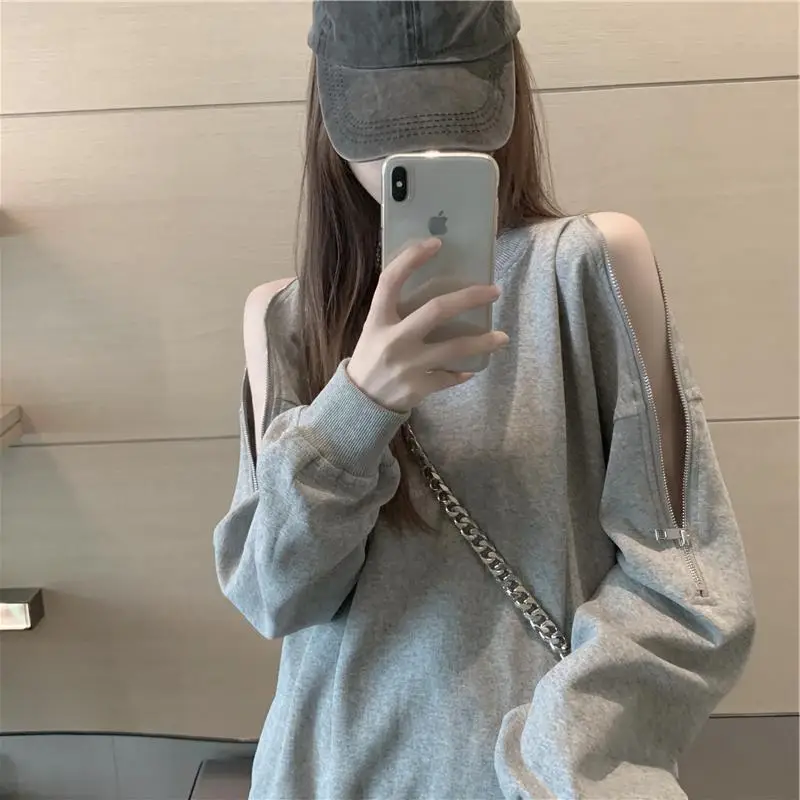 Women Cotton Off-Shoulder Sweatshirt Spring Fall Thin Loose - Image 2
