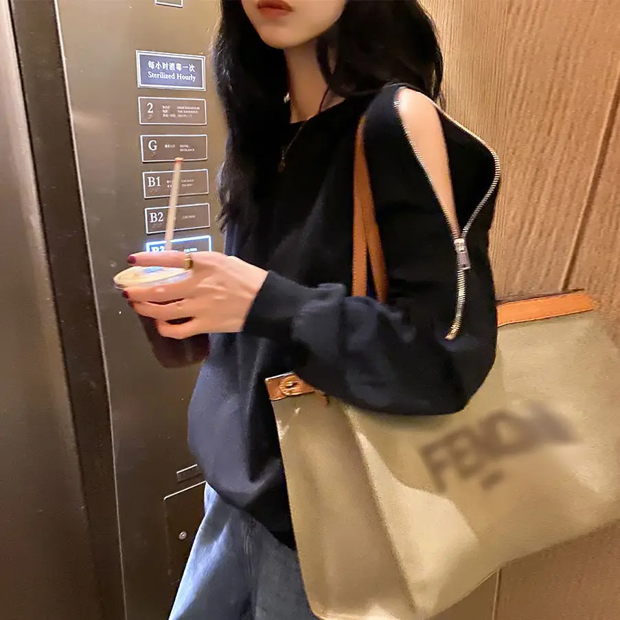 Women Cotton Off-Shoulder Sweatshirt Spring Fall Thin Loose - Image 3
