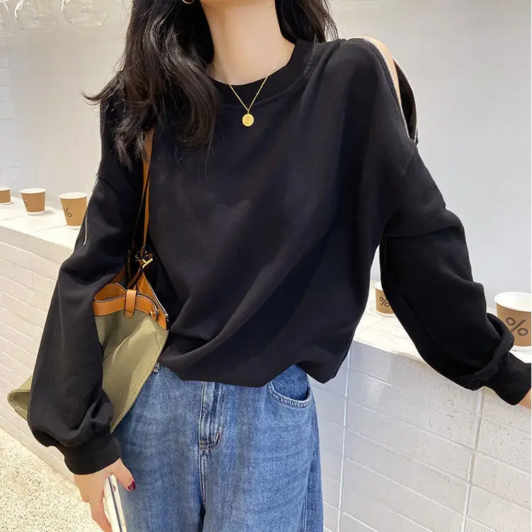 Women Cotton Off-Shoulder Sweatshirt Spring Fall Thin Loose - Image 4