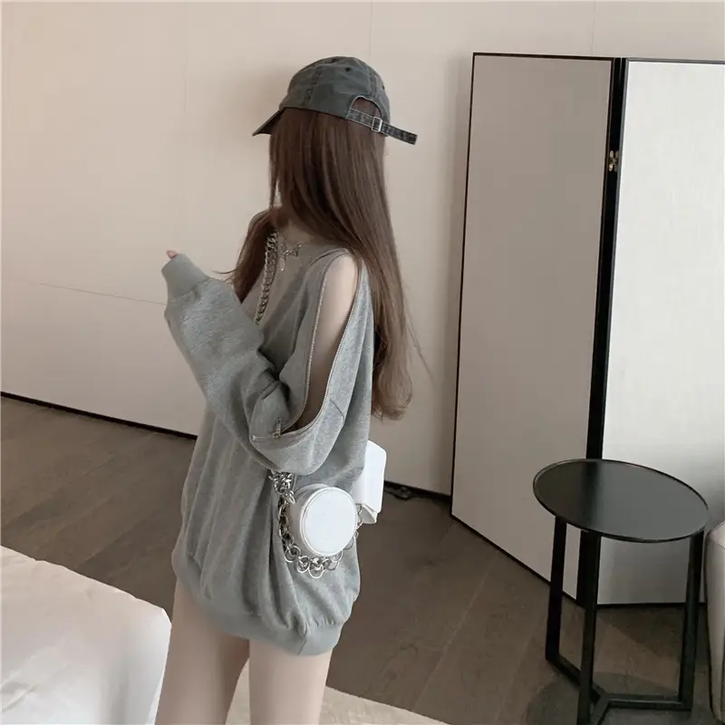 Women Cotton Off-Shoulder Sweatshirt Spring Fall Thin Loose — feature 1