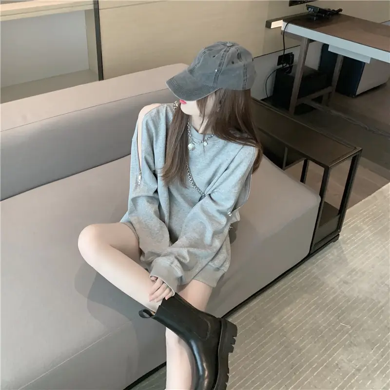 Women Cotton Off-Shoulder Sweatshirt Spring Fall Thin Loose — feature 10