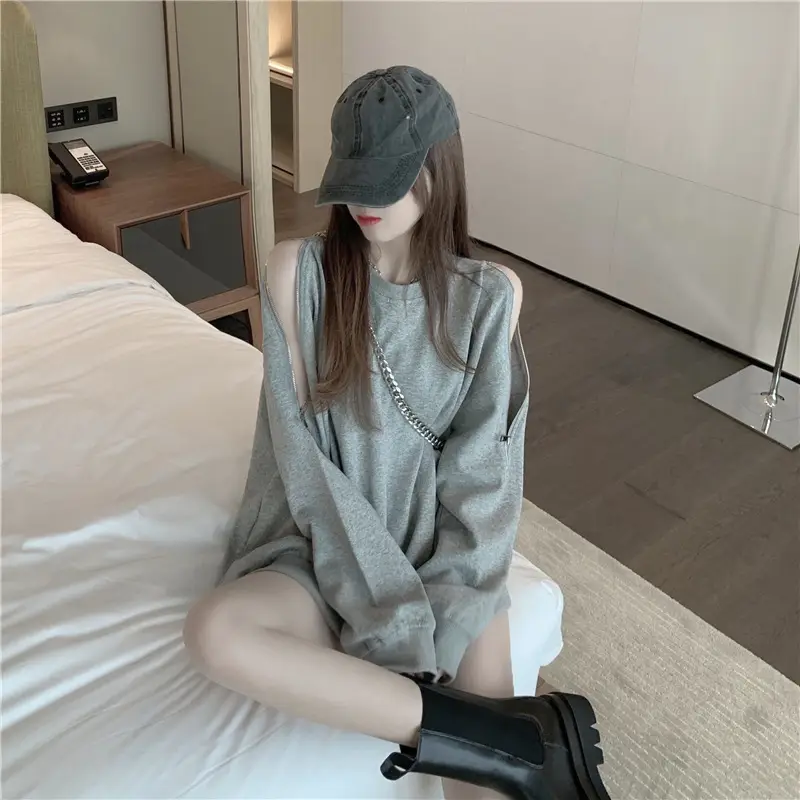 Women Cotton Off-Shoulder Sweatshirt Spring Fall Thin Loose — feature 11