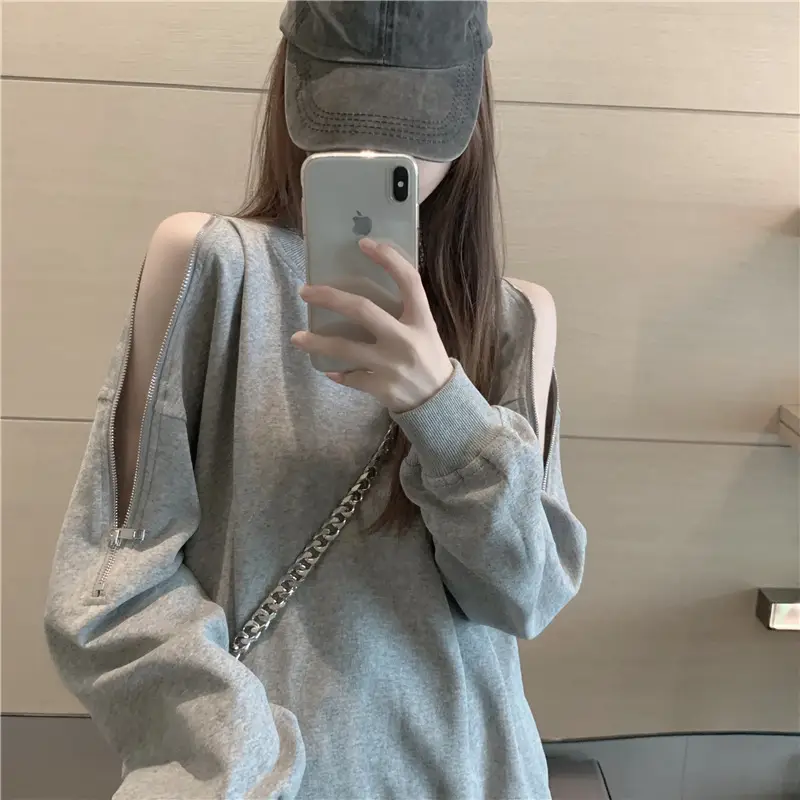 Women Cotton Off-Shoulder Sweatshirt Spring Fall Thin Loose — feature 3