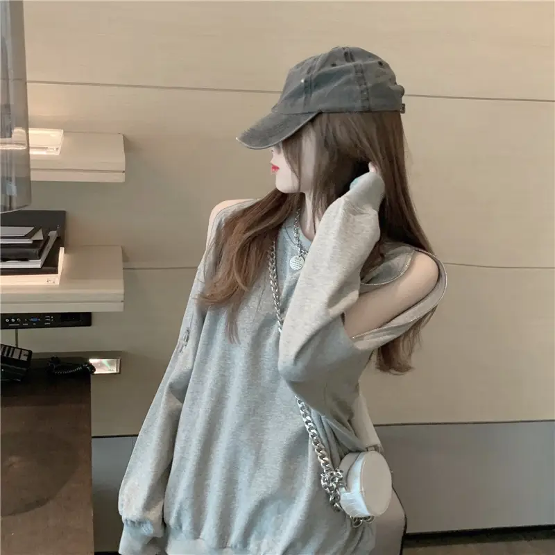 Women Cotton Off-Shoulder Sweatshirt Spring Fall Thin Loose — feature 5