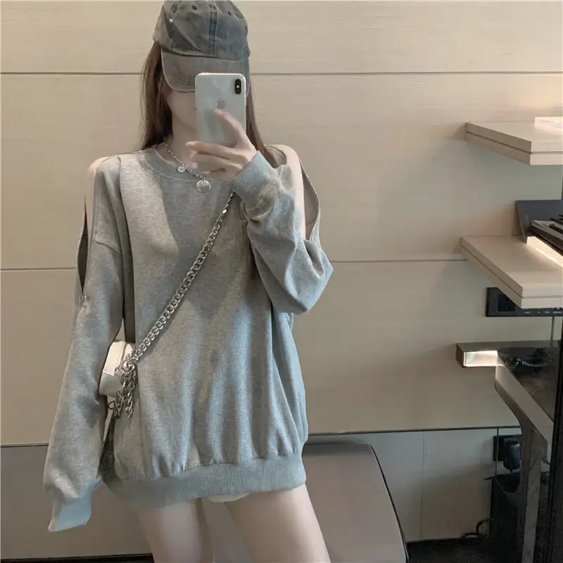 Women Cotton Off-Shoulder Sweatshirt Spring Fall Thin Loose — feature 7