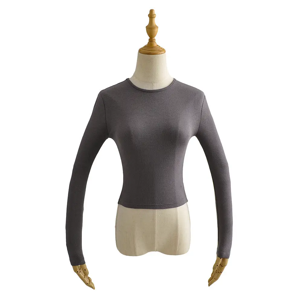 Women's Beige Long Sleeve Round Neck T-Shirt - Image 7