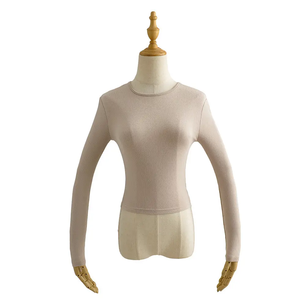 Women's Beige Long Sleeve Round Neck T-Shirt - Image 8