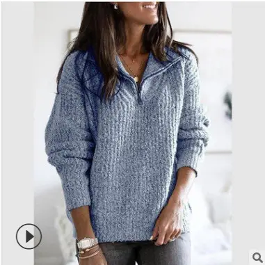 Women Knit Zipper Pullover Sweater Jacket Grey