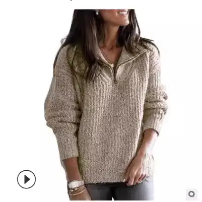 Women Knit Zipper Pullover Sweater Jacket Grey