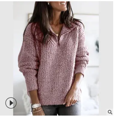 Women Knit Zipper Pullover Sweater Jacket Grey