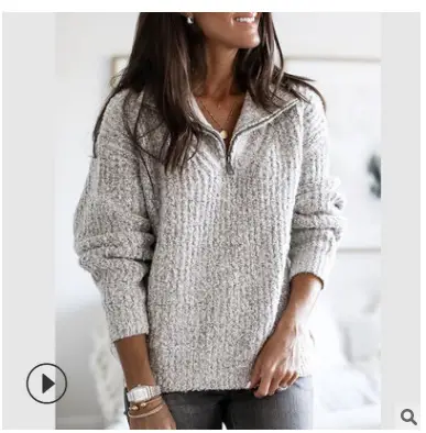Women Knit Zipper Pullover Sweater Jacket Grey