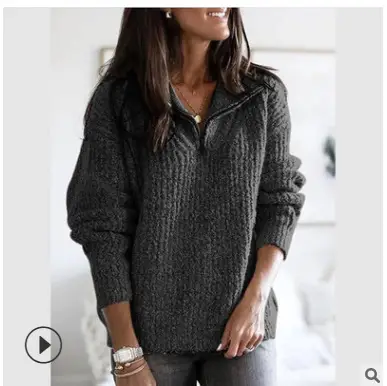 Women Knit Zipper Pullover Sweater Jacket Grey