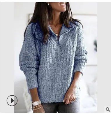 Women Knit Zipper Pullover Sweater Jacket Grey