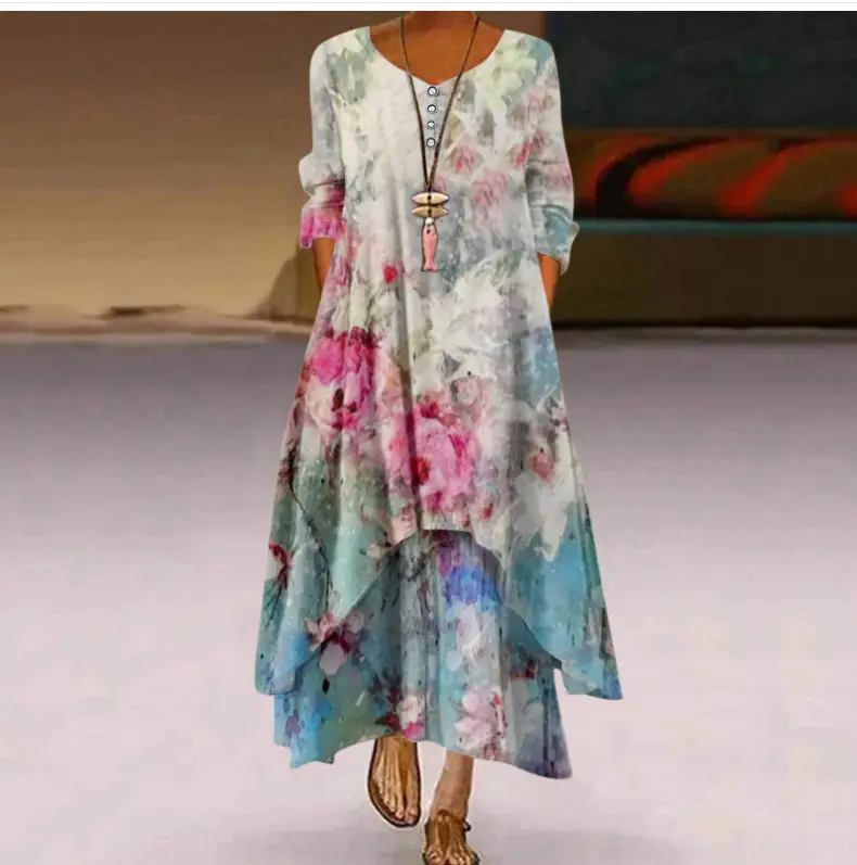 2021 Floral Print Long Sleeve Dress for Women