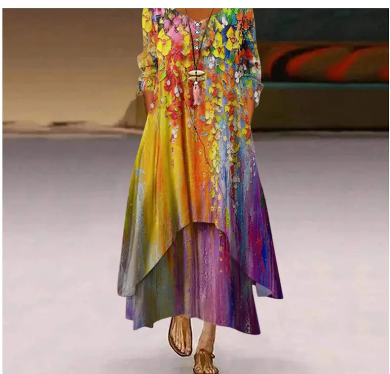 2021 Floral Print Long Sleeve Dress for Women