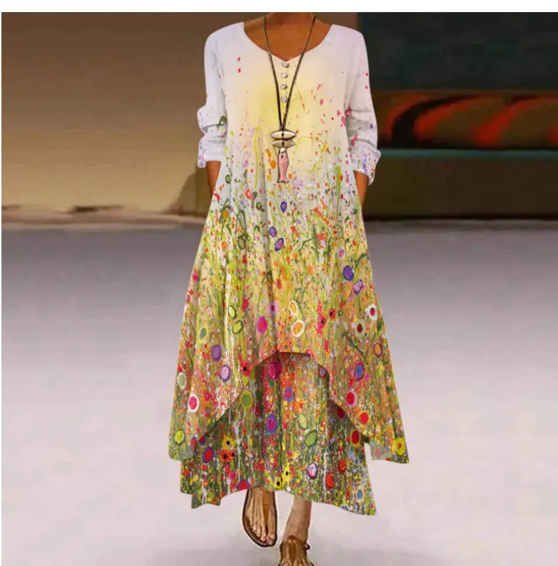 2021 Floral Print Long Sleeve Dress for Women