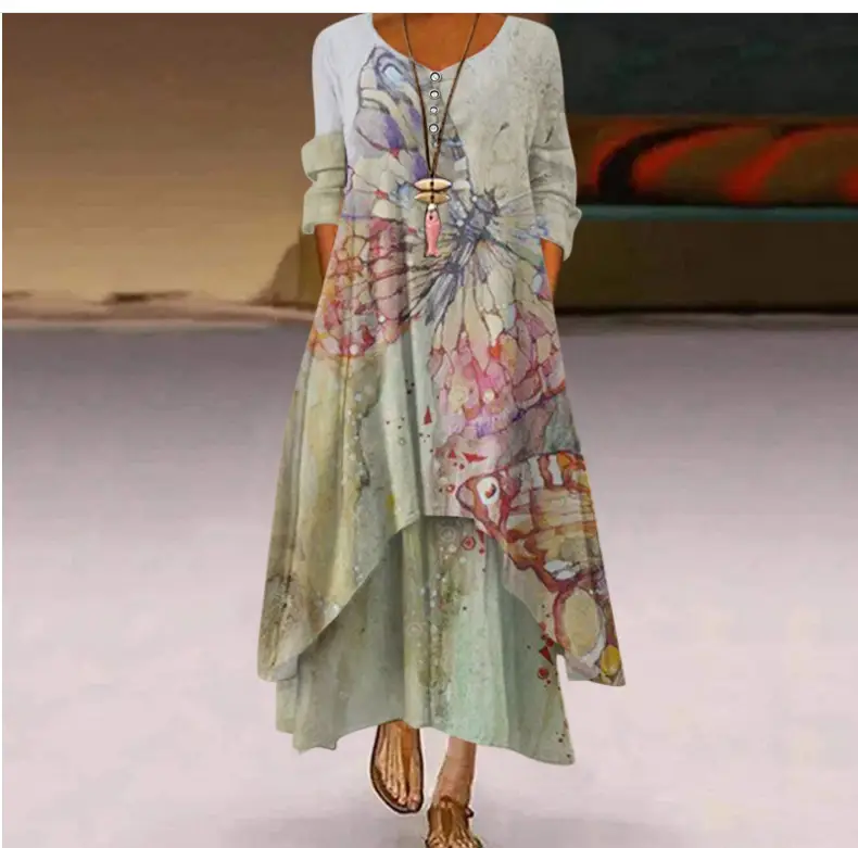 2021 Floral Print Long Sleeve Dress for Women
