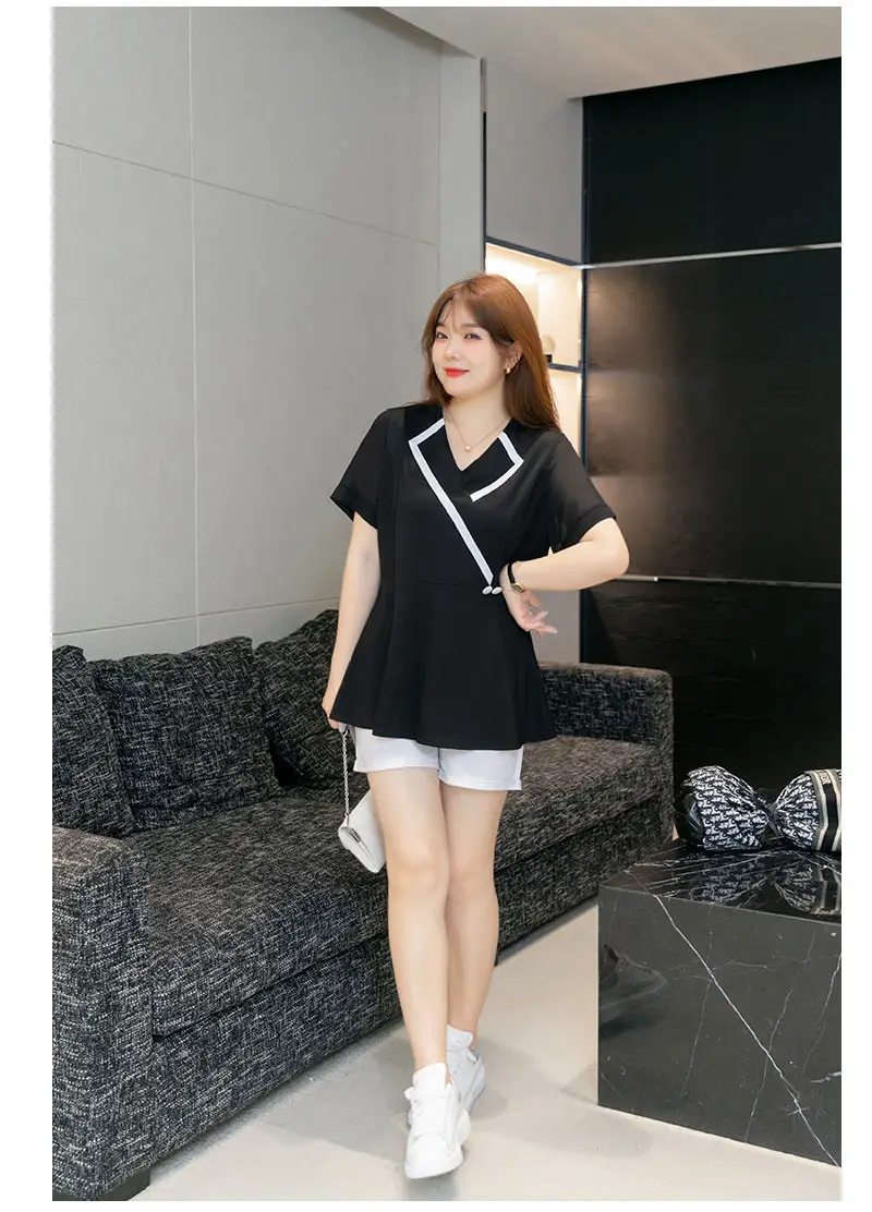 Women's Black V-Neck Slimming Top Large Size Chiffon — feature 10