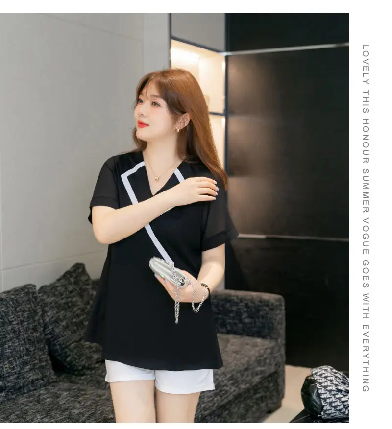 Women's Black V-Neck Slimming Top Large Size Chiffon — feature 14