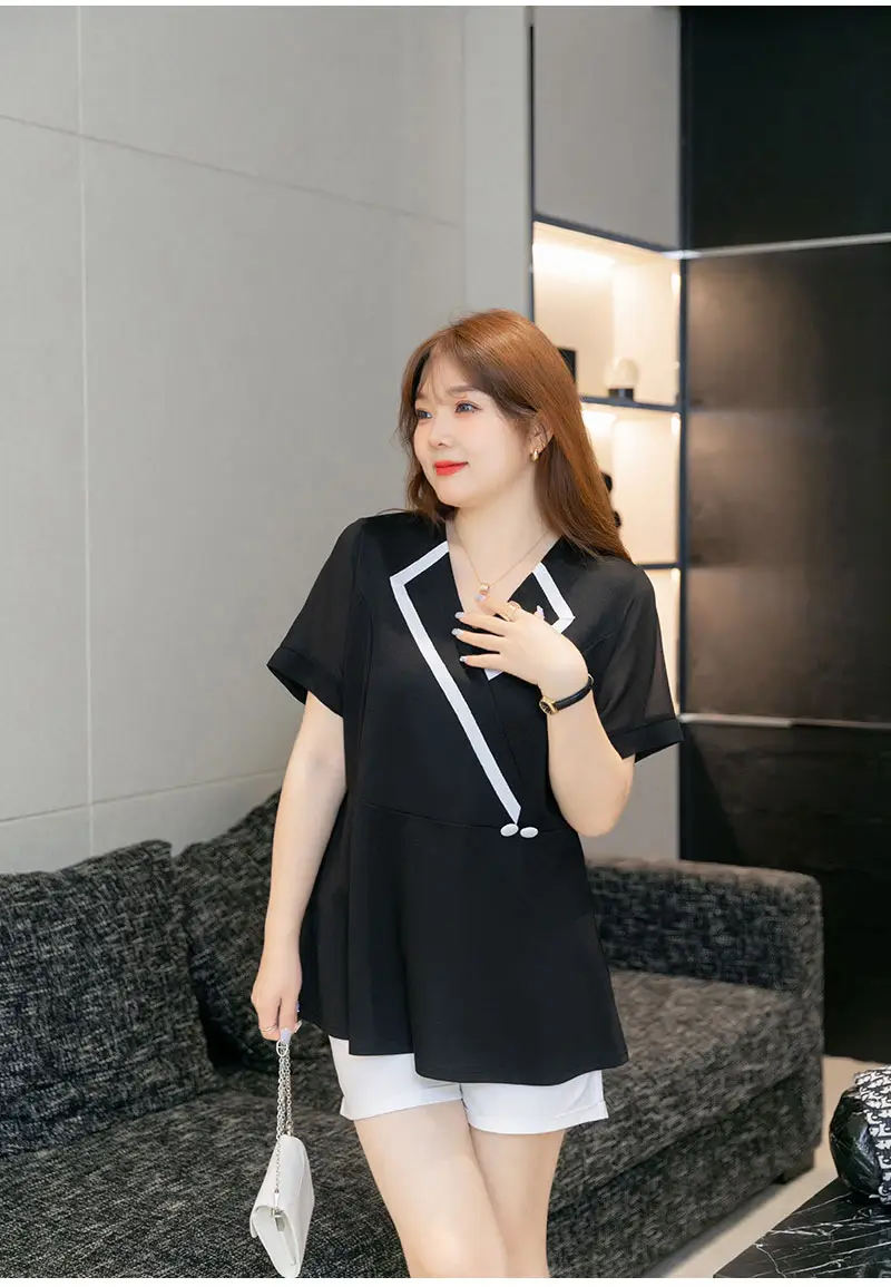 Women's Black V-Neck Slimming Top Large Size Chiffon — feature 18