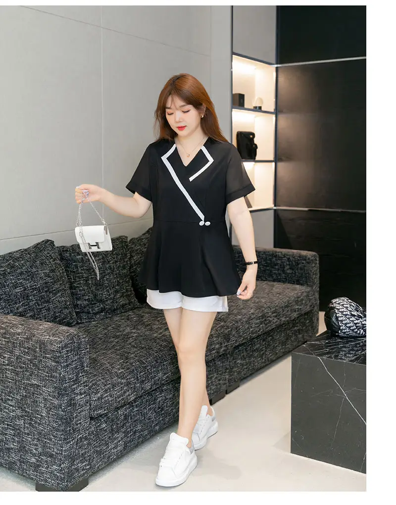 Women's Black V-Neck Slimming Top Large Size Chiffon — feature 21