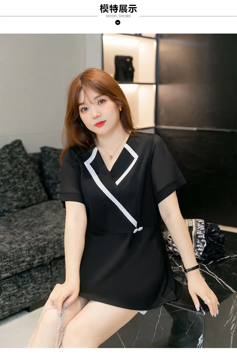 Women's Black V-Neck Slimming Top Large Size Chiffon — feature 8