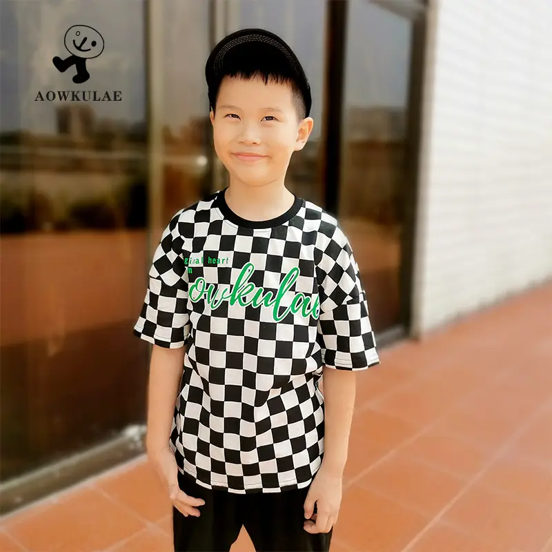 Boys Blue Checkered Crew Neck T-Shirt Short Sleeve - Image 5
