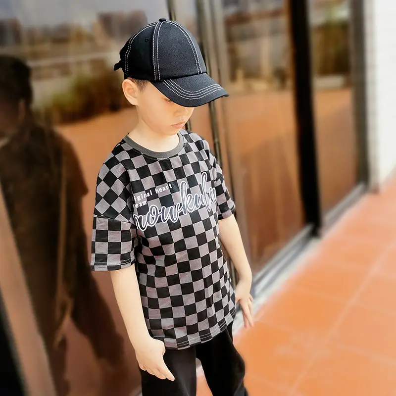 Boys Blue Checkered Crew Neck T-Shirt Short Sleeve - Image 6