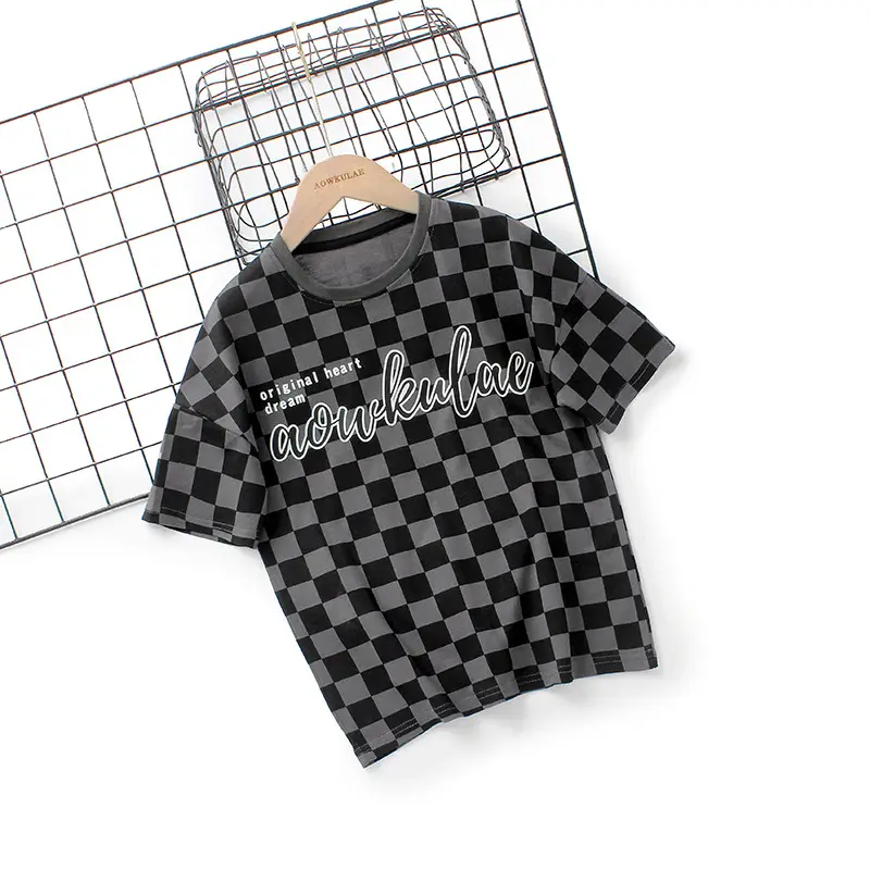 Boys Blue Checkered Crew Neck T-Shirt Short Sleeve - Image 2