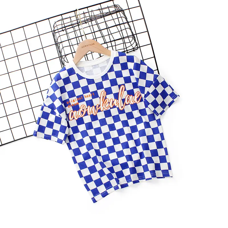 Boys Blue Checkered Crew Neck T-Shirt Short Sleeve - Image 3