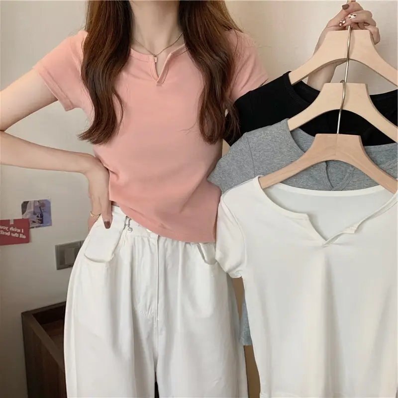 Women's Small V-Neck Short T-Shirt Pink White - Image 5