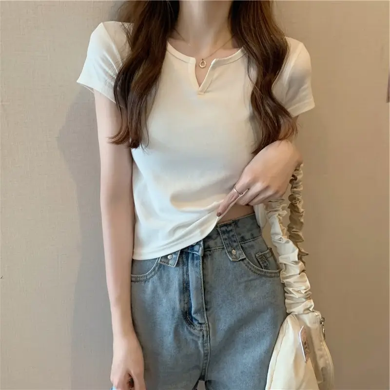 Women's Small V-Neck Short T-Shirt Pink White - Image 8
