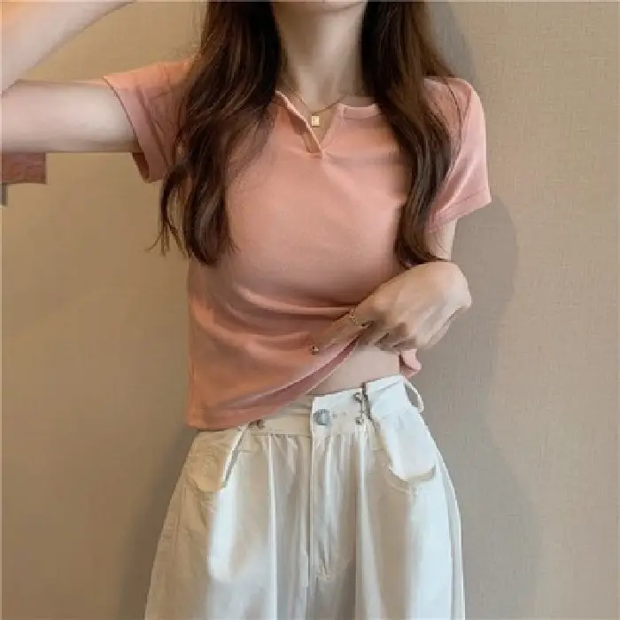 Women's Small V-Neck Short T-Shirt Pink White - Image 2