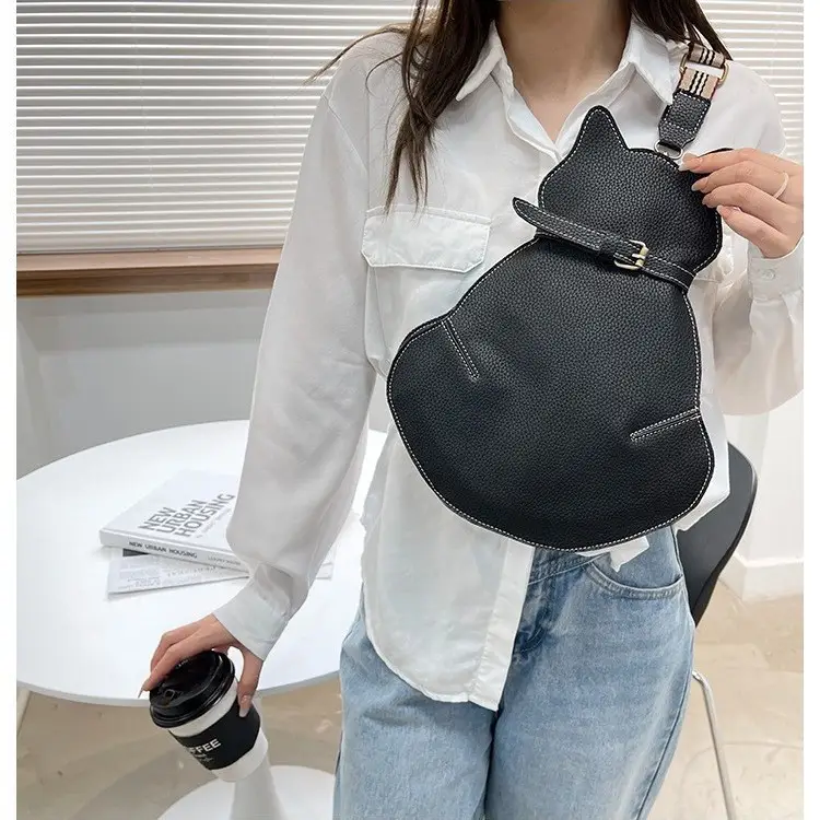 Cat Design Crossbody Bag Black Fashionable Shoulder Bag