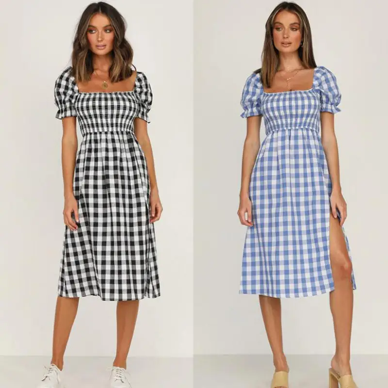 Blue Checkered Split Square Collar Dress for Women - Image 2