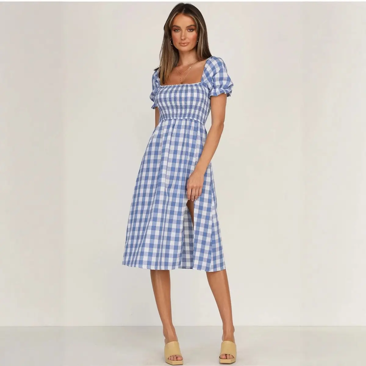 Blue Checkered Split Square Collar Dress for Women - Image 3