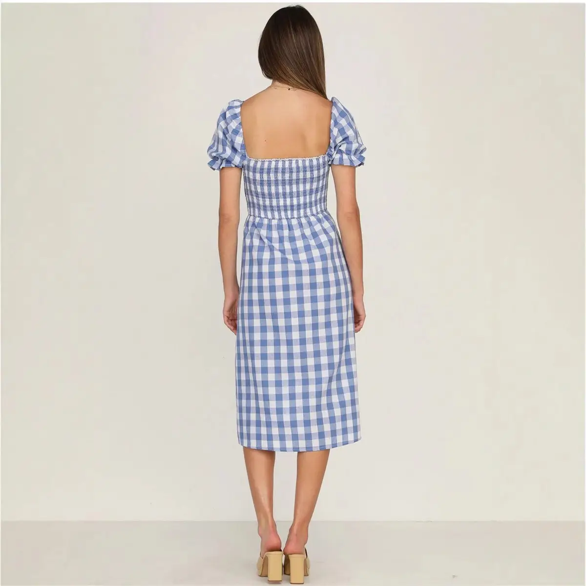 Blue Checkered Split Square Collar Dress for Women - Image 4
