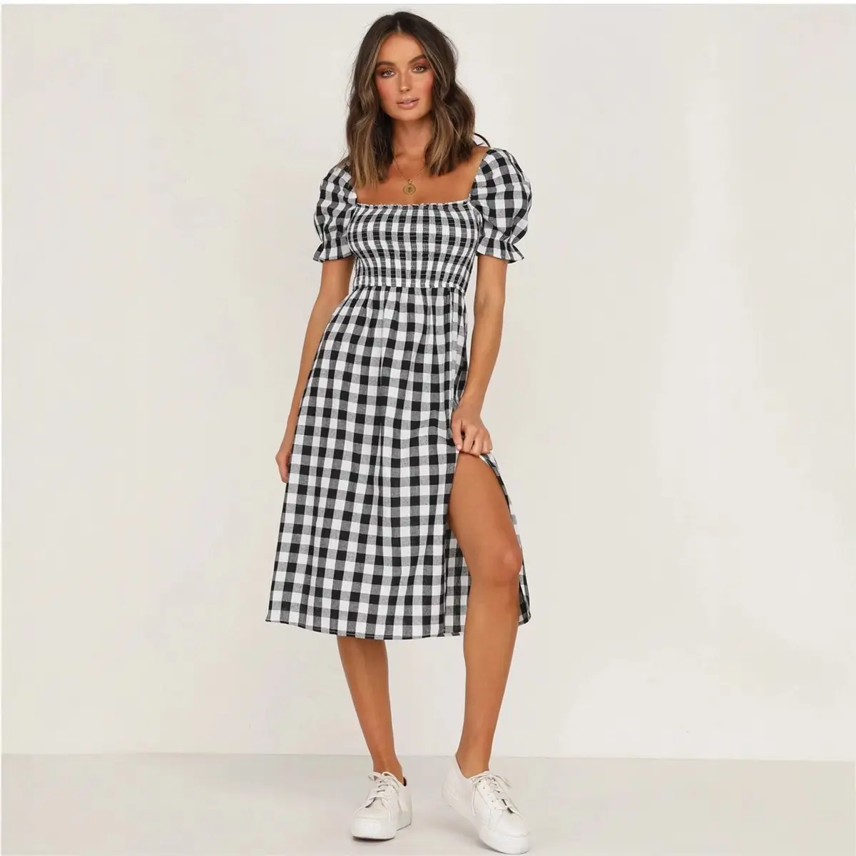 Blue Checkered Split Square Collar Dress for Women - Image 5