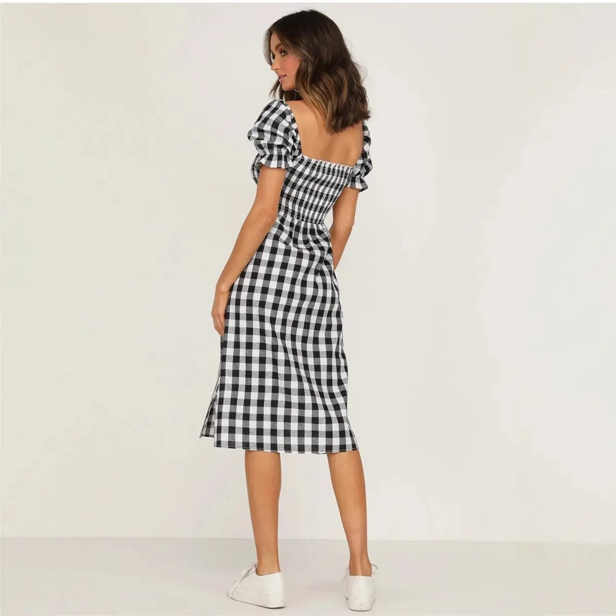Blue Checkered Split Square Collar Dress for Women - Image 6