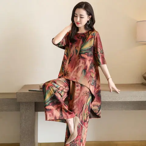 2025 Summer Loose Print Suit Women Vintage Print Wide Leg Pants - Image 4