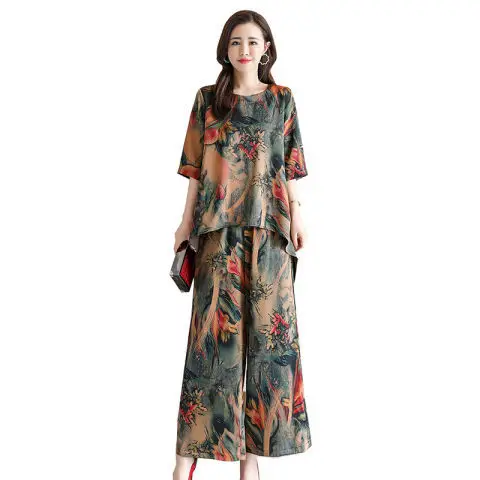 2025 Summer Loose Print Suit Women Vintage Print Wide Leg Pants - Image 5