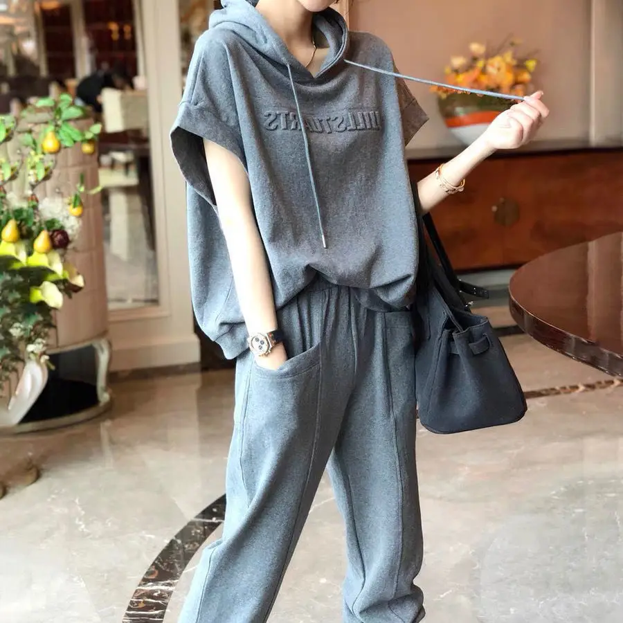 Women Crossbody Hooded Sweatpants Set Grey 2023 - Image 4