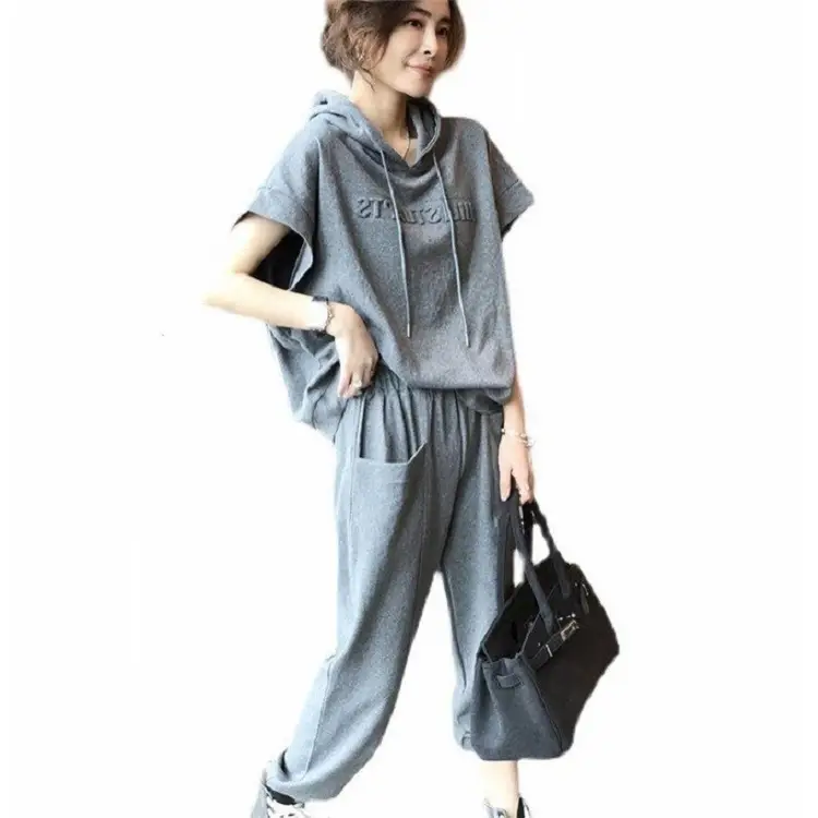 Women Crossbody Hooded Sweatpants Set Grey 2023 - Image 7