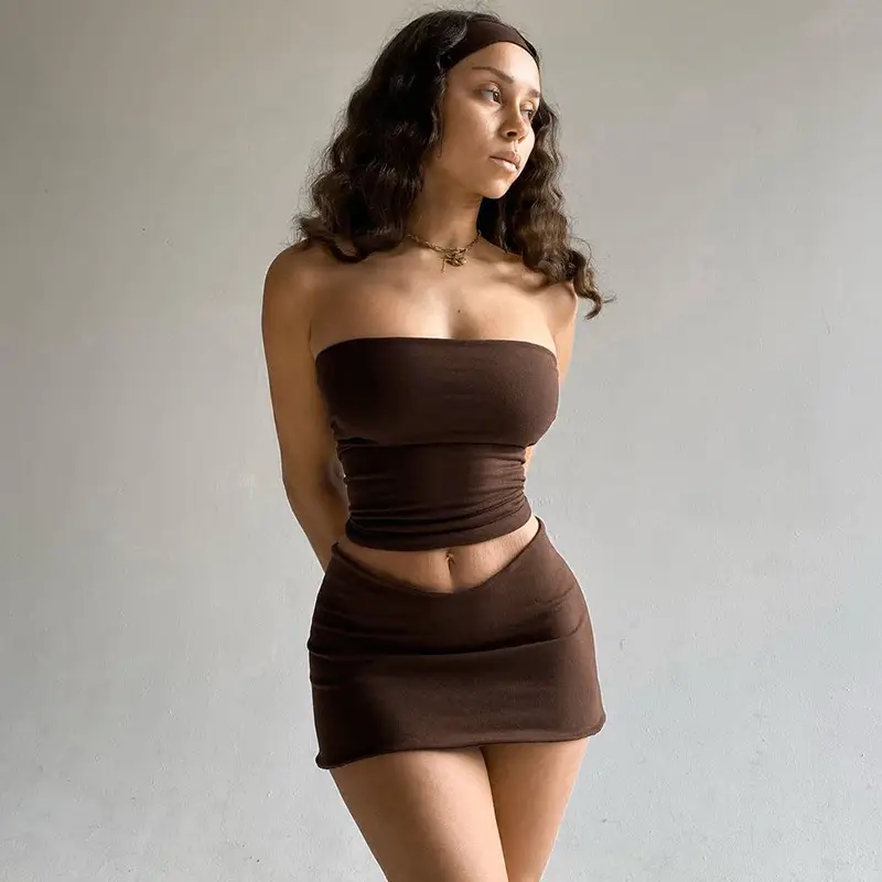 Brown Strapless Tube Top & Short Skirt Set